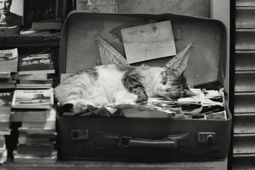 A serene black and white capture of a cat sleeping in an open suitcase, surrounded by books.