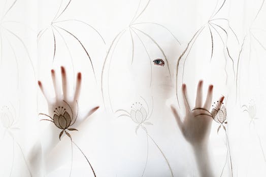 Artistic silhouette of a person with hands and eye visible through a decorative curtain.